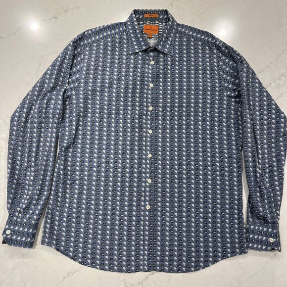 Simon Carter Slim Fit Long Sleeve Button Shirt Blue Derby Hat Pattern Sz 17.5 " - Picture 1 of 11